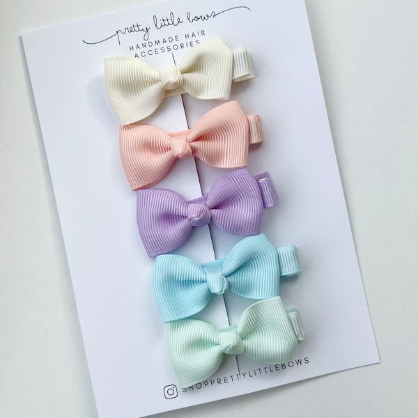 Pastel Summer Mini Knot Bow Hair Clips | Set of 5 Clips | Fully Lined Clips for Fine Hair | Newborn Baby Toddler