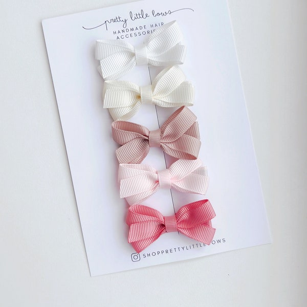 NEW STYLE Neutral Pink Mini Bow Fringe Anti-Slip  Clips | Baby Toddler Children Small Fully Lined Clips | Suitable for Fine Hair | 5 Clips