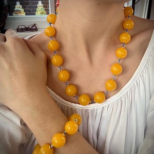 Handmade Beaded Blue and Yellow set Necklace and Bracelet Beeswax Chalcedony; gift for her; Ukrainian, large beads