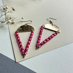Pink Red Beaded Triangle Earrings: summer handmade jewelry; gift for her