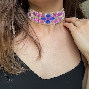 Pink Seed Bead Hand Woven Ethno Choker, Native Choker Necklace; Ukrainian choker; Christmas gift, gift for her
