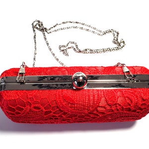 Evening Bag Purse - Red Lace- Silver Clasp - Over the Shoulder Silver Chain Strap - Wedding- Graduation- Special Occasion