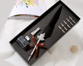 AngleKai Calligraphy Feather pen Set with Wax Seal Stamp│Ink│Wax Seal Sticks│Replacement Nibs│Spoon│Envelope Letter Paper│White Wax Quill Pen and Ink Set Best Gift for Birthday Red 