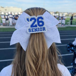May include: A white glittery hair bow with a blue and white '26 SENIOR' emblem. The bow is worn in the hair, with the back of the head and hair visible. The background shows a football field and spectators.