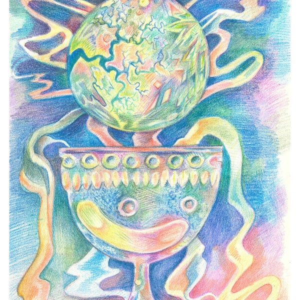 Cup runneth over, prismacolor drawing.  Digital art print 8x11