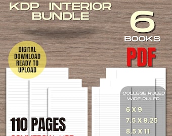 6 Amazon KDP Interiors Bundle Templates for Notebook, Wide Ruled & College Ruled, 3 Sizes Bleed 110 page Ready To Upload PDF COMMERCIAL Use