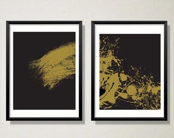 Black and Gold Abstract Art Print Set Of 2, Wall Art, Mid Century Modern, Bedroom Wall decor, Minimalist Geometric Digital download Prints