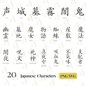以下が含まれることがあります： 20個の日本語の文字。それぞれの下に英語の単語が対応しています。文字は白い背景に黒いインクで書かれています。単語は白い背景に黒いテキストで書かれています。単語は次のとおりです。声、城、墓、霧、闇、悪魔、幽霊、墓地、魔女、物語、蜘蛛、屋敷、魔法、闇夜、呪文、死神、真夜中、吸血鬼、不気味、支配者。