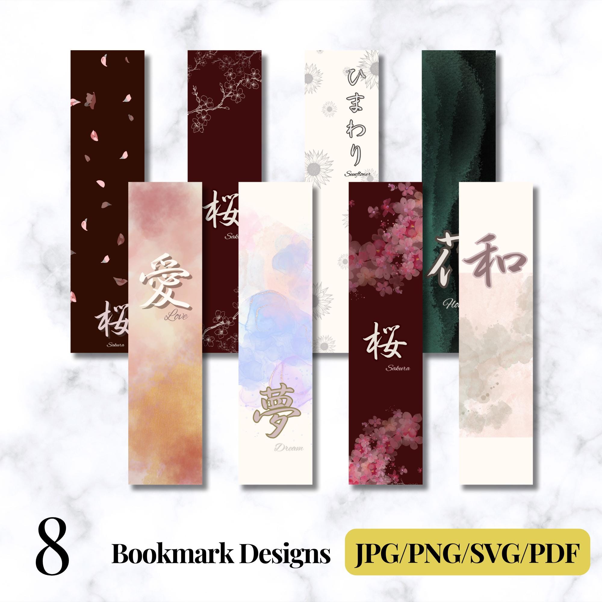 8 Japanese Design Printable Bookmarks – Kawaii Calligraphy Book Page ...