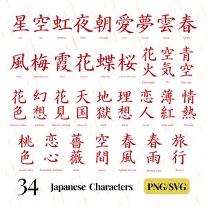 May include: A red and white graphic with 34 Japanese characters and their English translations. The characters are arranged in rows and columns, with each character paired with its English translation. The characters are written in a traditional style, with a red background and white outlines. The English translations are written in a modern font, with a white background and black outlines.