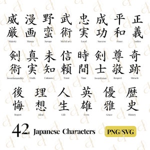 Japanisches Wort-SVG-Bundle, Savage Kanji-Symbole PNG, Leben-Kanji-Zeichen, Mut, Hoffnung, Loyal, Tier, Respekt, Pod-Designs, Schriftschnittdatei