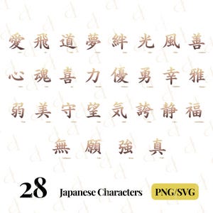 May include: A collection of 28 Japanese characters in a gold color, each with its English translation below. The words are arranged in rows and columns. The image also includes the text "28 Japanese Characters PNG/SVG".