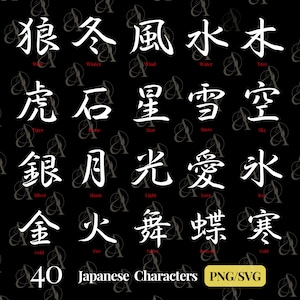May include: A black background with 20 white Japanese characters, each with an English translation below. The characters are arranged in four rows of five. The characters are: Wolf, Winter, Wind, Water, Tree, Tiger, Stone, Star, Snow, Sky, Silver, Moon, Light, Love, Ice, Gold, Fire, Dance, Butterfly, Cold. The text "40 Japanese Characters PNG/SVG" is at the bottom of the image.