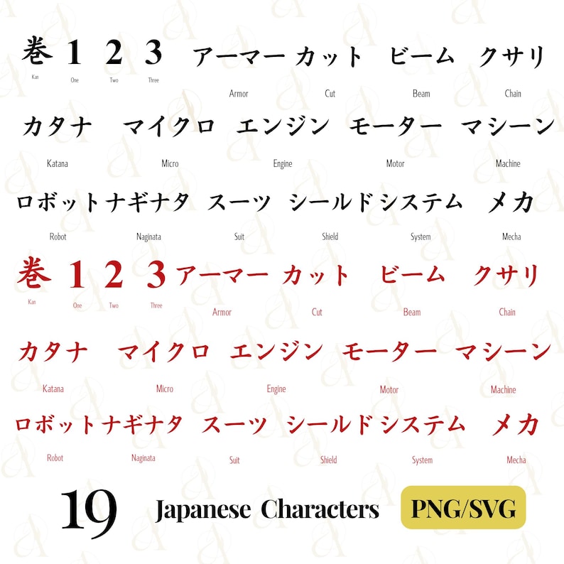19 Japanese Words SVG Bundle 3 Color Katakana & Kanji Characters PNG