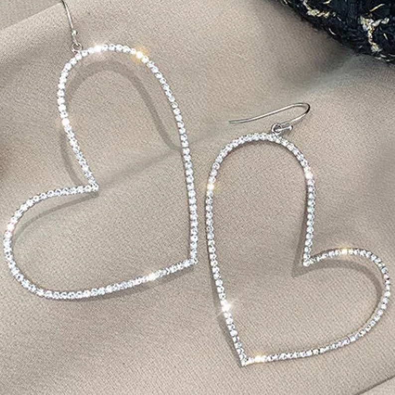 Luxury Heart Rhinestone Dangling Earrings Valentine's Day Large Heart ...