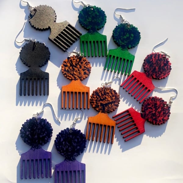 Afro Pick Dangling Earrings | Afrocentric Accessories | Wood | Black Girl Earrings | Melanin | Afro Puff | Black History Month