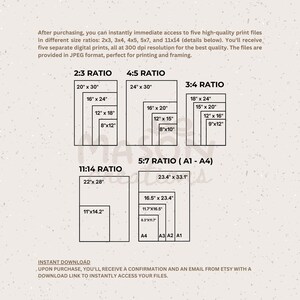 May include: A chart showing different print size ratios for digital prints. The ratios are 2:3, 3:4, 4:5, 5:7, and 11:14. The chart includes the dimensions of each ratio in inches. The 5:7 ratio also includes the standard paper sizes A1, A2, A3, and A4.