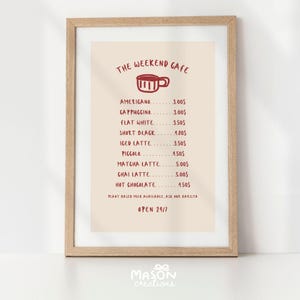 Arte de parede de menu de café, decoração de cozinha desenhada à mão, impressão de arte de parede de cozinha vermelha da moda, pôster de menu de cafeteria, pôster de decoração de café para casa