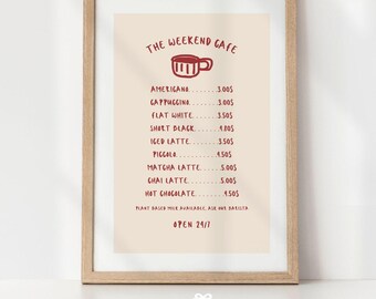 Cafe Menu Poster, Red Kitchen Wall Art (PDF)