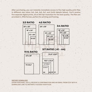 May include: A chart showing different print size ratios for digital prints, including 2:3, 3:4, 4:5, 5:7, and 11:14. The chart also includes standard paper sizes A1, A2, A3, and A4. The text "Instant Download" is at the bottom of the chart.