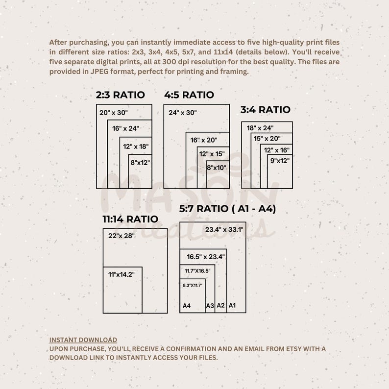 May include: A chart showing different print size ratios for digital prints, including 2:3, 3:4, 4:5, 5:7, and 11:14. The chart also includes standard paper sizes A1, A2, A3, and A4. The text "Instant Download" is at the bottom of the chart.