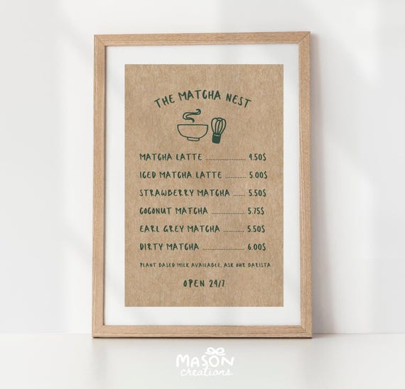 Cafe Matcha Menu Poster, Hand Drawn Kitchen Art (Digital Download)