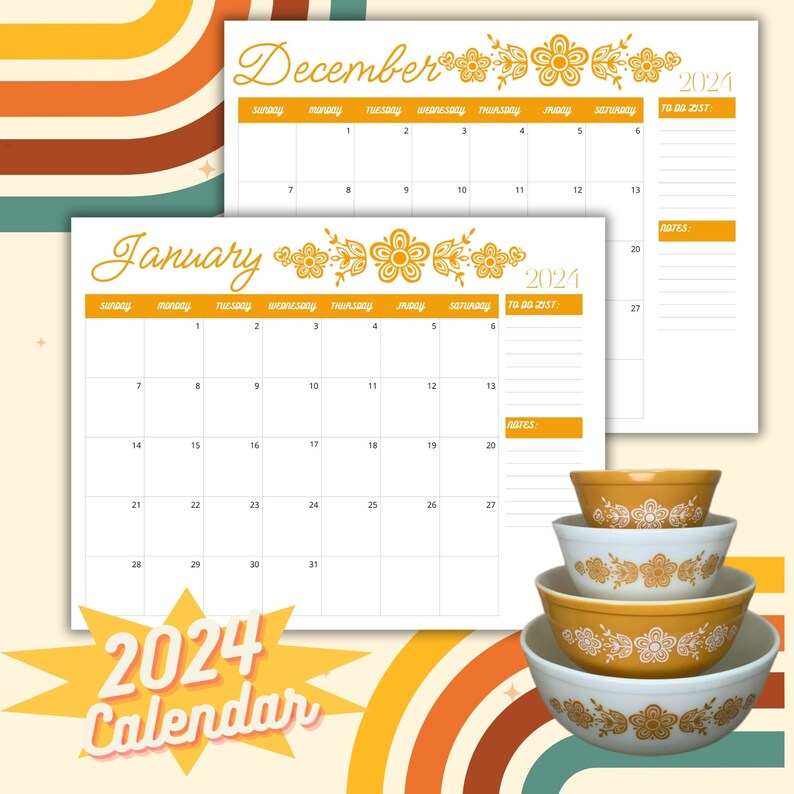 2024 Calendar, Vintage Pyrex Butterfly Gold Inspired, Boho Calendar