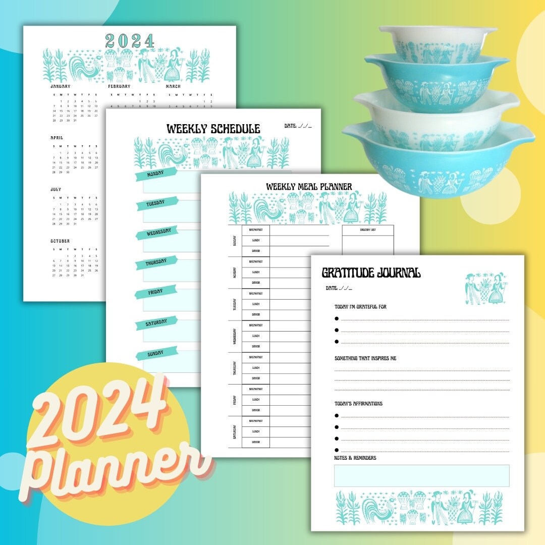 INSTANT DOWNLOAD 2024 Planner Vintage Pyrex Butterprint Inspired Weekly