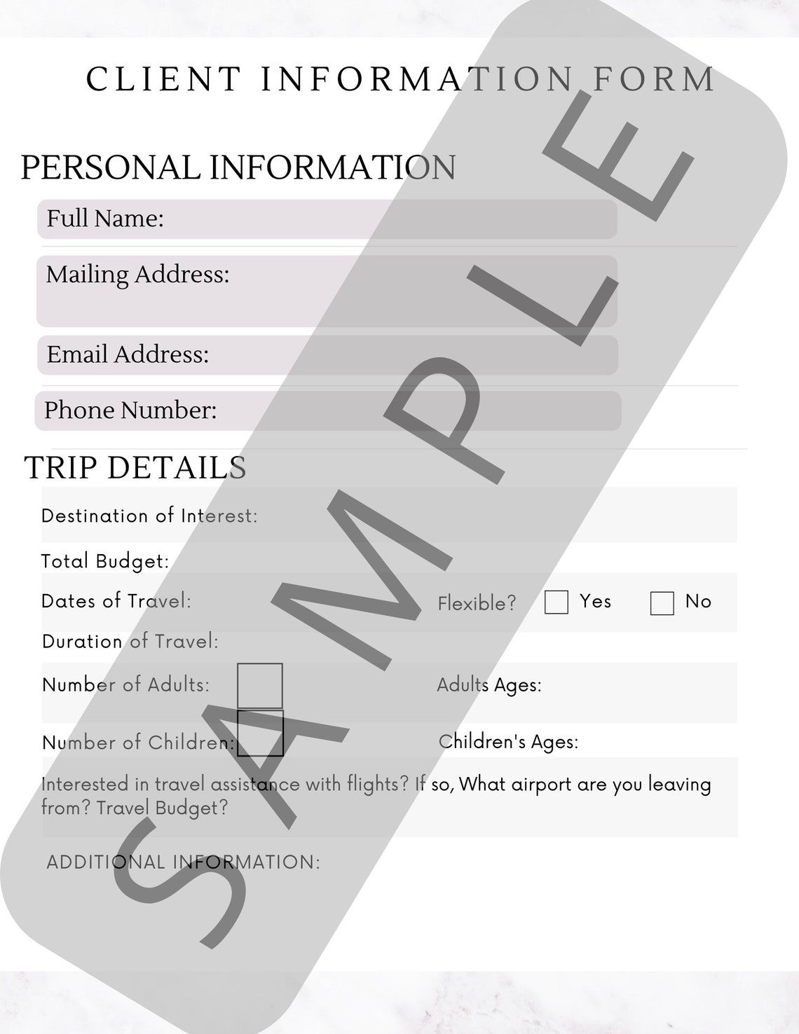 Travel Agent Client Information Form PDF | Etsy