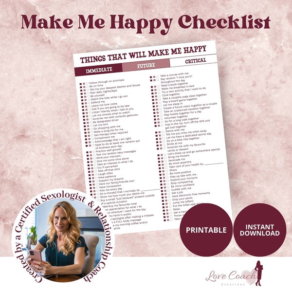 Checklist of Things that Make You Happy/ Communicate Your Desires/ Relationship Therapy for Couples/ Dating / Love Healing/ Relationship Fun