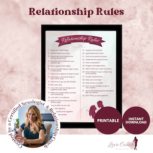 May include: A printable poster with a list of relationship rules, titled "Relationship Rules". The poster features a red ribbon with the title in white text. The rules are numbered and include suggestions for couples, such as "Never go to bed angry", "Support one another", and "Don't bring up past partners". The poster also includes a small illustration of a couple holding hands.