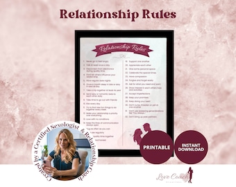 Könnte beinhalten: Ein druckbarer Poster mit einer Liste von Beziehungsgrundsätzen, betitelt "Relationship Rules". Der Poster zeigt ein rotes Band mit dem Titel in weißer Schrift. Die Regeln sind nummeriert und beinhalten Vorschläge für Paare, wie z. B. "Gehe niemals wütend ins Bett", "Unterstütze einander" und "Sprich nicht über vergangene Partner". Der Poster enthält auch eine kleine Illustration eines Paares, das sich an den Händen hält.