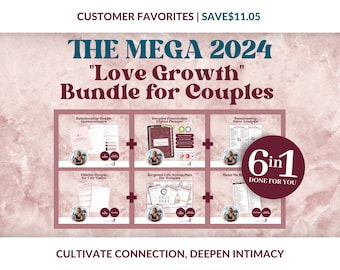 以下が含まれることがあります： 「The Mega 2024 Love Growth Bundle for Couples」というタイトルの、ピンクと白のデジタル製品バンドル。このバンドルには、関係の健康に関するアンケート、カップルのつながりデジタルプランナー、関係のSWOT分析、人生に適したビジョン、ターゲットを絞った人生行動計画、そして私を幸せにしてくれるという6つのアイテムが含まれています。このバンドルは、「6 in 1 Done for You」と「つながりを育む、親密さを深める」というラベルが貼られています。