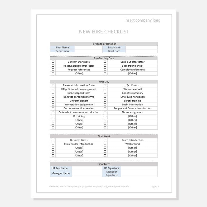 New Hire Checklist | HR Template | Digital Download - Etsy