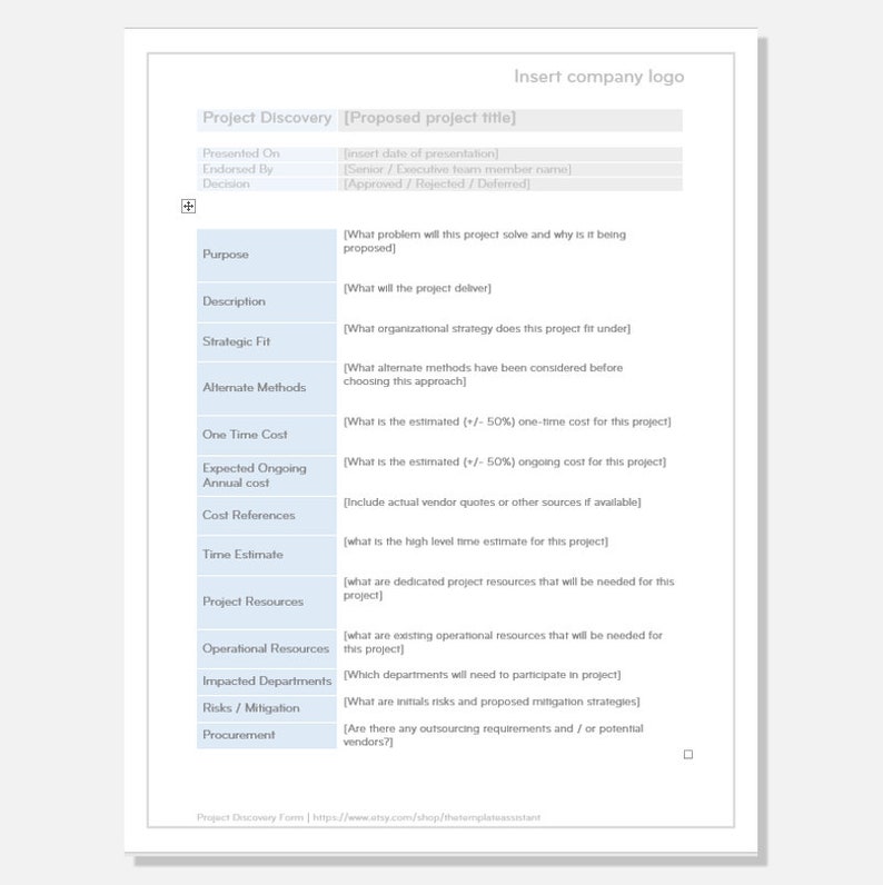 Project Discovery Form | Project Management Template - Etsy