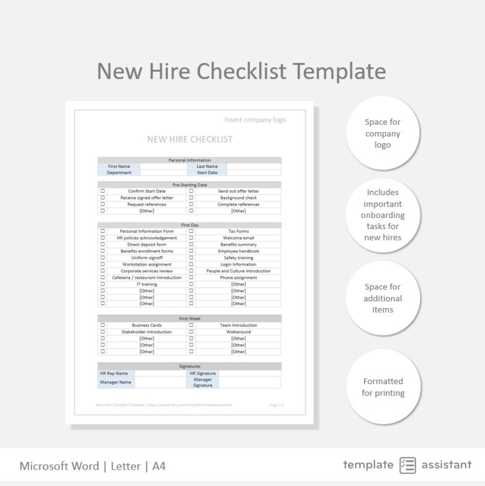 New Hire Checklist HR Template Digital Download Etsy