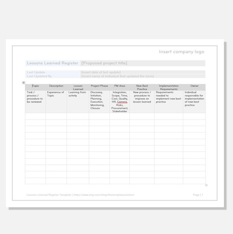 Lessons Learned Register Project Management Template Digital Download