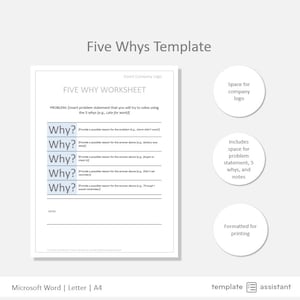 May include: A black and white printable worksheet template for a five whys problem-solving process. The template includes space for a company logo, a problem statement, five whys, and notes. The text "Five Whys Template" is at the top of the page.