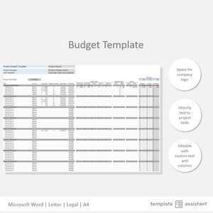May include: A black and white budget template with the title "Budget Template". The template includes columns for task, owner, progress, duration, start date, end date, fixed costs, general costs, labor, and summary. The template is designed to be used with Microsoft Word.