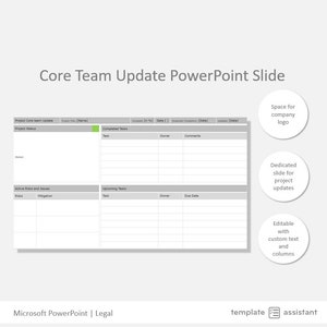 May include: A grey and white PowerPoint slide template for a core team update. The slide includes sections for project status, completed tasks, active risks and issues, and upcoming tasks. The slide also includes space for a company logo.