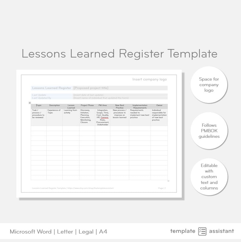 Lessons Learned Register Project Management Template Digital Download