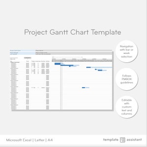 May include: A project management Gantt chart template in Microsoft Excel. The template includes a navigation bar with bar or week selection, follows PMBOK guidelines, and is editable with custom text and columns.