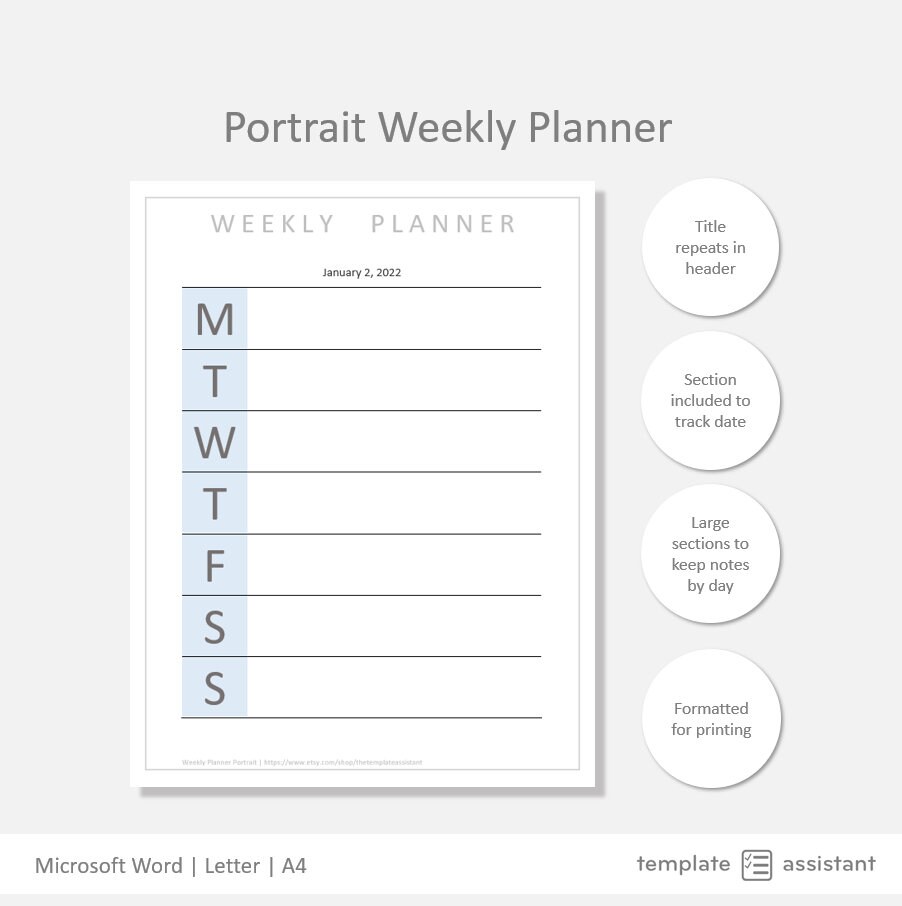 Portrait Weekly Planner Organization Template Digital Download ...