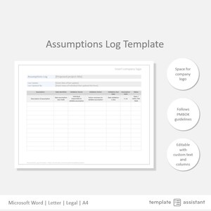 May include: A black and white template for an assumptions log. The template includes sections for project title, last update, last updated by, assumption, date identified, validation owner, validation action, validation due date, assumption valid, and status. The template also includes a space for a company logo and a note that the template follows PMBOK guidelines.