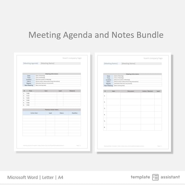 Meeting Agenda and Notes Bundle | Business Template | Digital Download