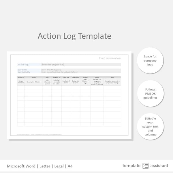 Project Action Log | Project Management Template | Digital Download
