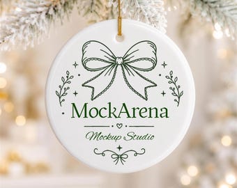 Christmas Ornament Mockup, Round Ceramic Ornament Mockup, White POD Ornament with Gold String, Neutral Holiday Tree Mockup, Blank Ornament