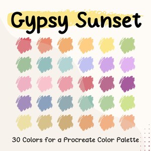Muestras de paleta de colores Gypsy Sunset para Procreate, códigos hexadecimales de paleta de colores, paleta de colores para Photoshop, tarjeta de paleta de colores, muestras de color boho
