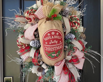 Christmas Wreath with burlap, Red and Cream Christmas Wreath for Porch, Traditional Christmas door decor, Burlap Wreath red and cream