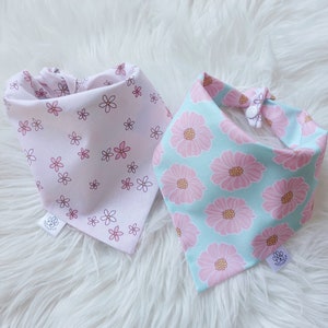 Floral Dog Bandana: Pink & Blue Reversible Tie and Snap